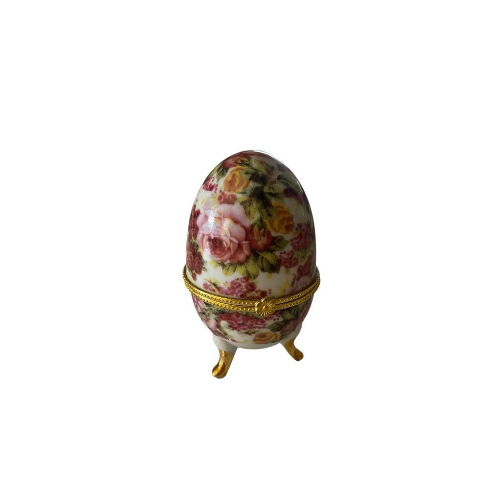 Vintage Lily Creek Floral Ceramic‎ Hinged Footed Egg Trinket Box